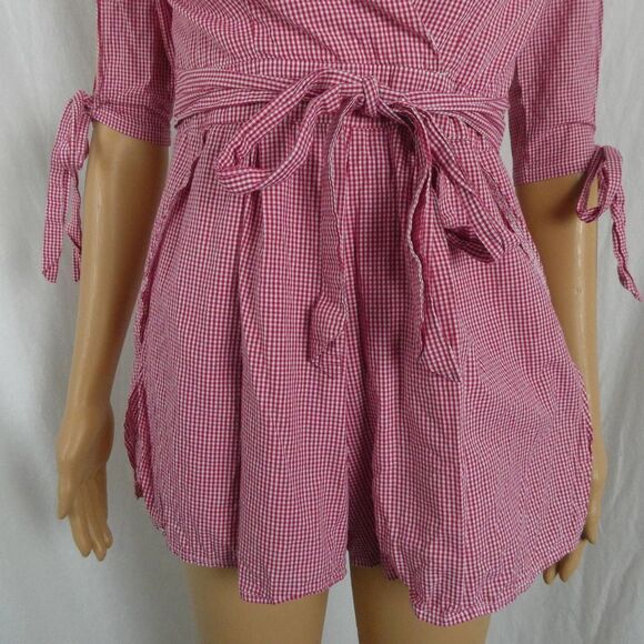 SEEK The Label Red White Checkered V Neck Crossover 1/2 Sleeve Romper Gingham Md - Picture 4 of 10